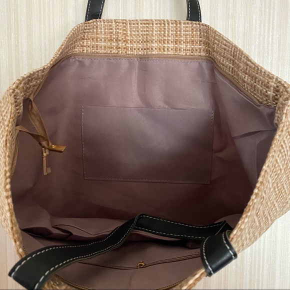 Beige/Tan Tweed Woven Tote Bag Faux Leather Handles NWOT - Picture 4 of 5